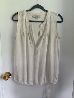 LOFT Cream Sleeveless Henley Drawstring Blouse